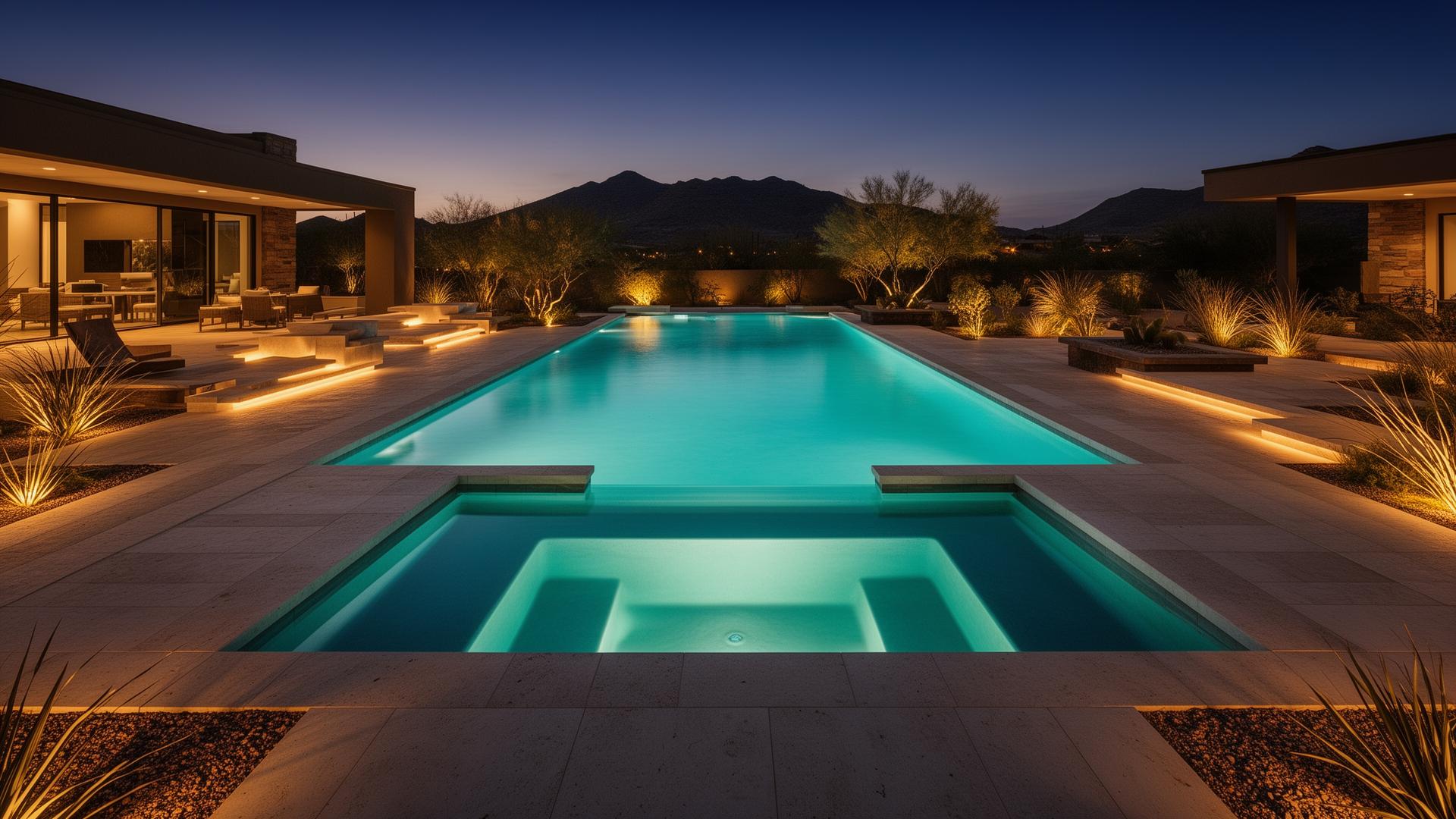 Luxury custom pool at twilight in modern desert backyard