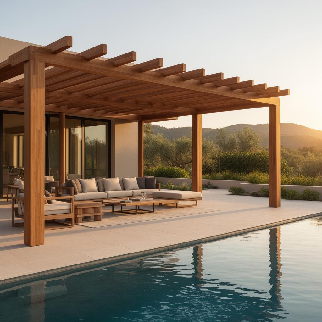 Custom poolside pergola with shade beams over a backyard patio